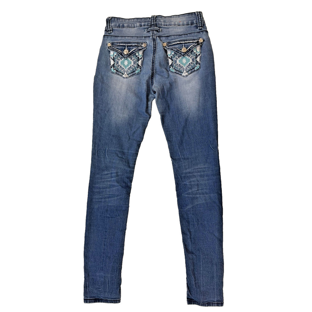 Almost Famous Jeans Womens 5 Blue Distressed Embroidered Aztec‎ Pockets Hit Y2K